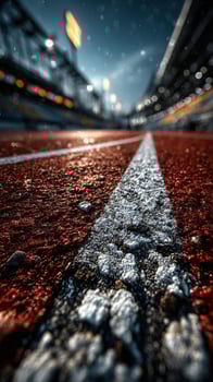 Athletic track under water droplets during twilight with stadium lights glowing in the background photo