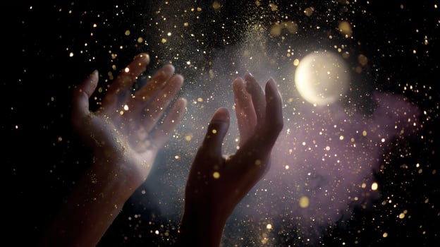 Hands reaching towards a glowing moon with swirling glitter and dust in a mystical atmosphere at night photo