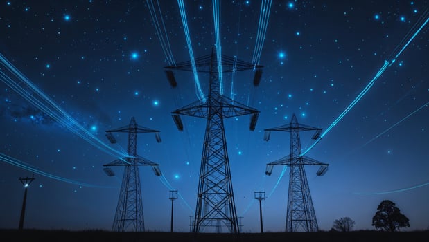 Power lines under a starry night sky with glowing energy trails illuminating the dark landscape photo