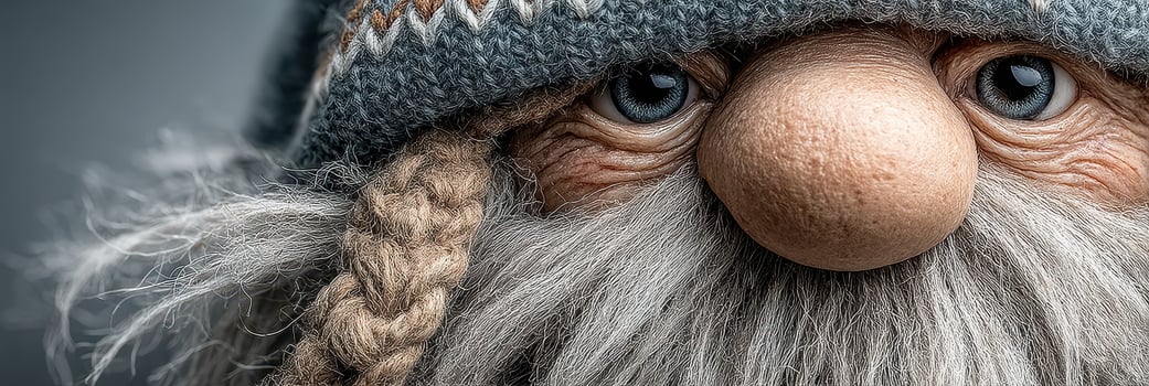 Distinctive character figure wearing a knitted hat with a braided beard and expressive eyes in a close-up view photo
