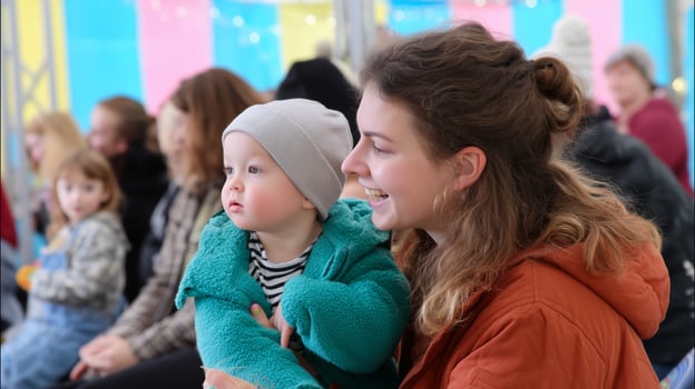 Mother and child enjoying a vibrant event filled with laughter in a colorful tent during a lively daytime gathering photo