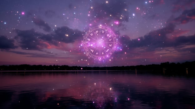 Starry night over a tranquil lake reveals a mystical cosmic symbol illuminating the sky at twilight photo