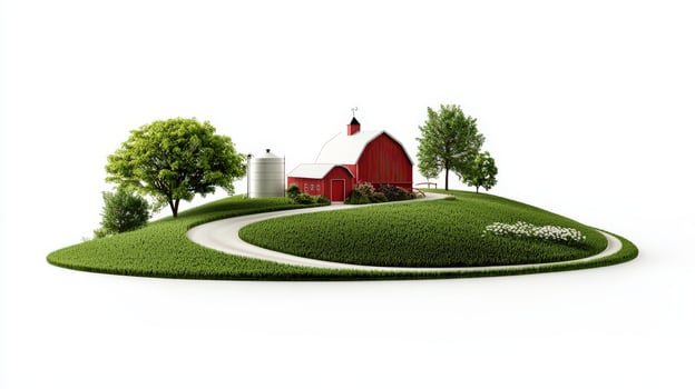 A farm with a red barn and trees on a hill photo