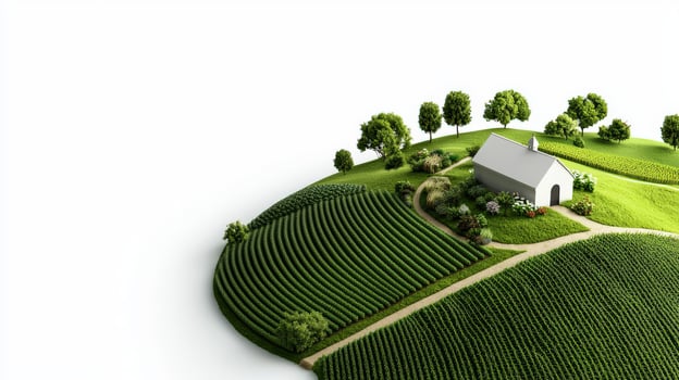 A small house on a hill surrounded by trees and grass photo