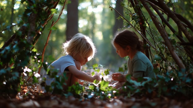 Children explore nature in a wooded area while playing and learning about plants in afternoon sunlight photo