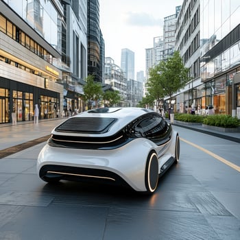 The futuristic car is driving down a city street photo