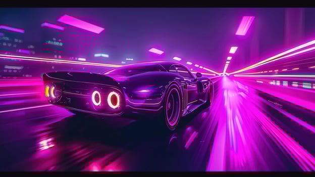 A futuristic purple sports car speeding through a neon-lit cityscape at night. photo