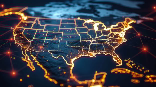 A glowing illustration of the united states, portraying a futuristic technological network. photo