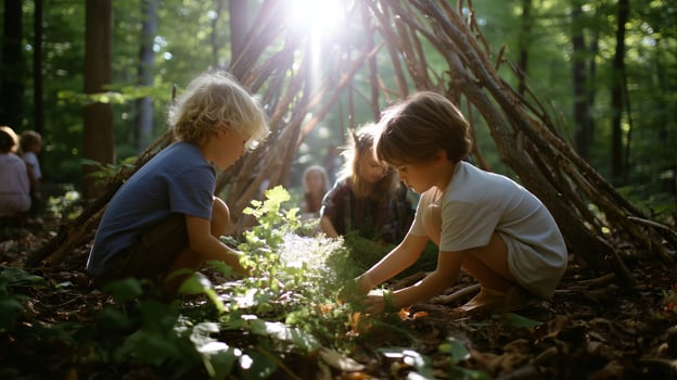 Children engage in nature play while building a stick fort in a lush forest during daylight photo