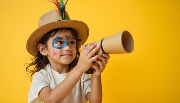 Boy with Toy Telescope and Face Paint on Yellow Background photo