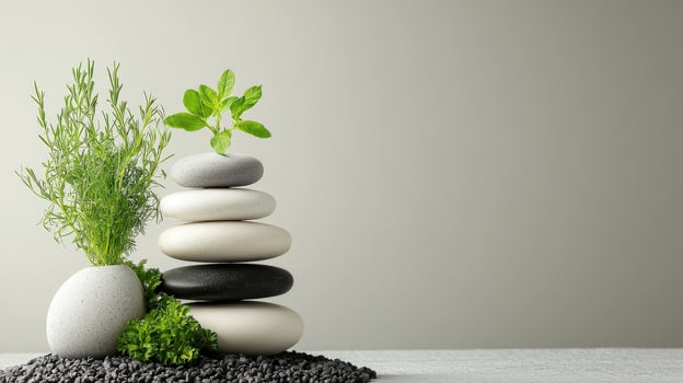 A stack of stones with herbs and plants photo
