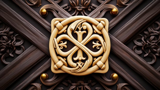 A golden ornate design on a wooden door photo