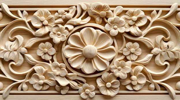 Carving of flowers and leaves on a wood panel photo