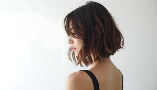 Woman with Short Wavy Bob and Bangs Hairstyle photo