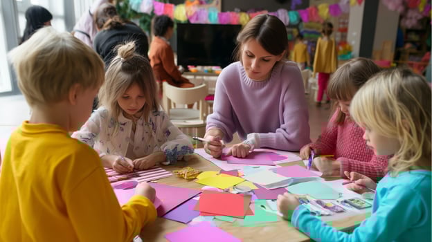 Children and adults engage in creative crafting activities at a colorful arts and crafts workshop photo