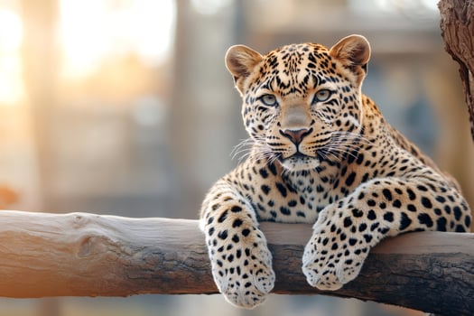 Leopard resting on a branch at sunset looking intensely photo