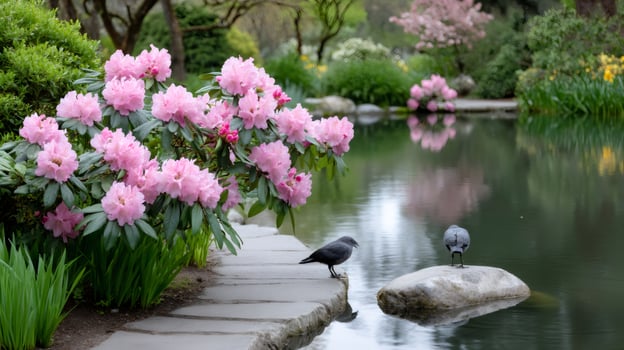 Northwestern crows standing near blooming rhododendron and pond in spring photo