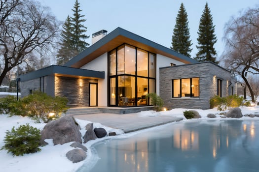 Modern house reflecting in frozen pool during winter photo