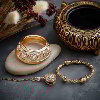 A gold ring, bracelet and necklace on a stone photo