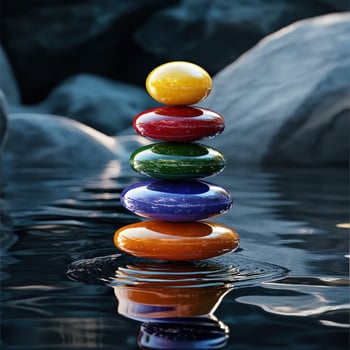 A stack of colorful stones sitting on top of water photo