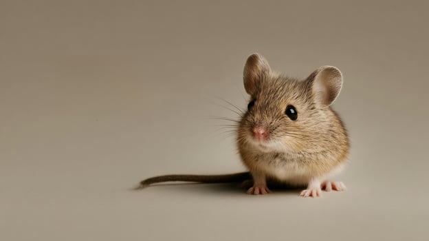 A small mouse is standing on a gray background photo