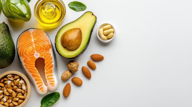 Various foods including avocado, salmon, nuts and seeds photo