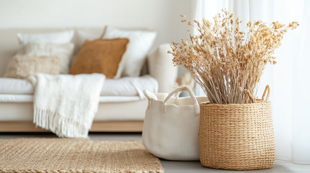 Stylish home decor showcasing dried flowers in woven baskets beside a cozy couch in a bright living room photo