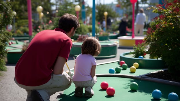 Father and daughter enjoy a fun day of miniature golf at a lively outdoor course surrounded by colorful decorations and greenery photo
