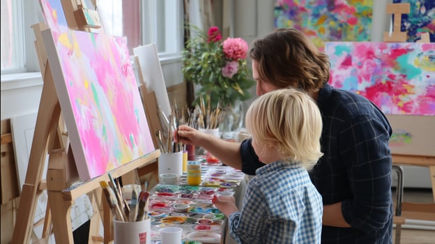 Creative painting session between adult and child in a cozy art studio with vibrant colors and supplies photo
