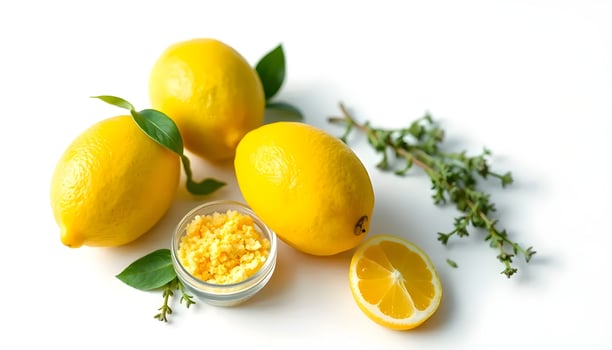 Lemons with Herbs and Salt Still Life on White Background photo