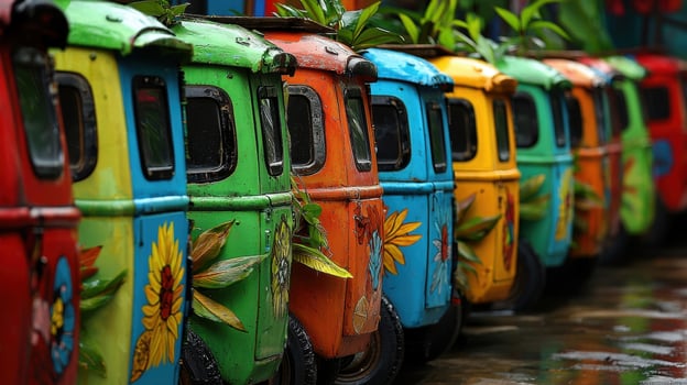 Colorful Three Wheeled Vehicles Parked Outdoors on Wet Street photo