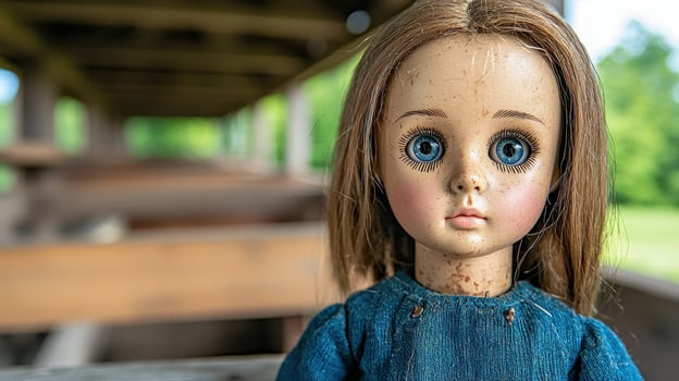 Weathered Vintage Doll with Blue Eyes and Brown Hair Outdoors photo