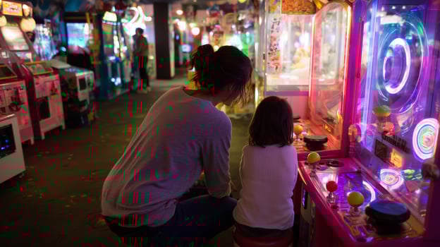 Exciting moments shared in a vibrant arcade filled with colorful games during a fun family outing photo