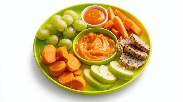 A plate with carrots, apples, grapes, and cheese photo