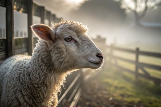 Close portrait of a fluffy lamb in a misty farm setting during early morning light photo