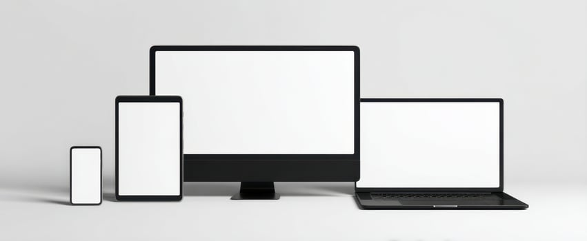 The collection of electronic devices with blank screens for mockup presentations. photo