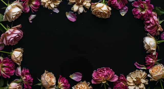A black background with flowers arranged in a circle photo