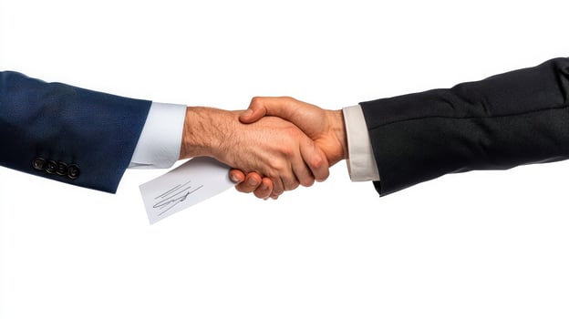 Businessmen shaking hands over white background photo