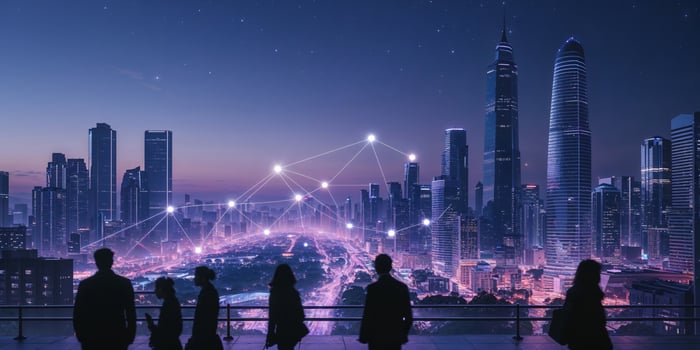Modern skyline with silhouettes against a digital backdrop in a city at dusk photo