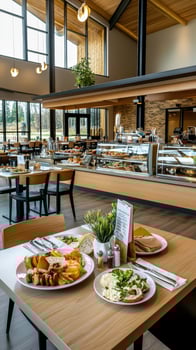 A restaurant with tables and chairs and a buffet photo