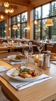 A restaurant setting with a table and chairs photo