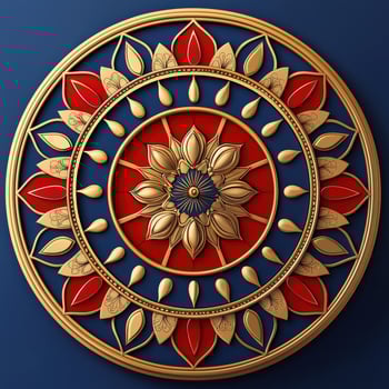 Golden mandala with red and blue flowers on a blue background photo