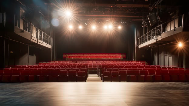 Stunning theater interior with red seating and bright stage lights creates an inviting atmosphere for performances photo