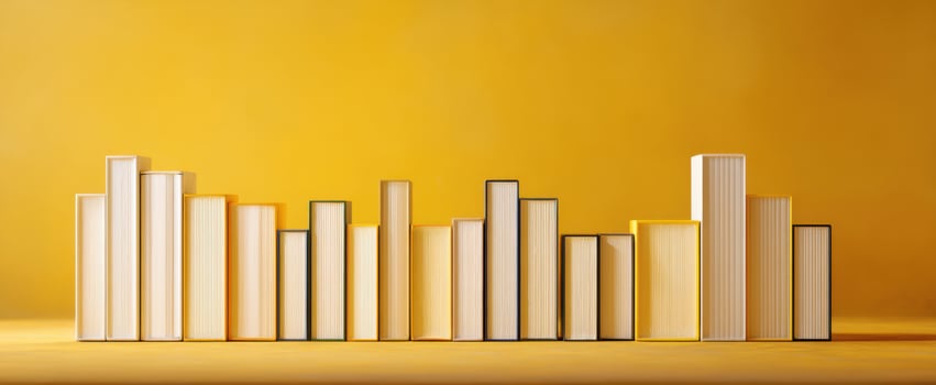 The collection of books arranged beautifully on a vibrant yellow background. photo