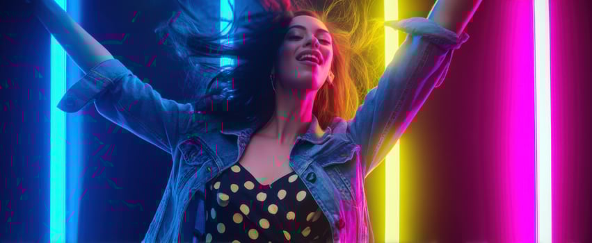The joyful woman dancing under vibrant neon lights in a lively atmosphere. photo