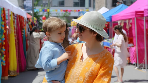 Mom and child enjoying a colorful market day filled with traditional attire and festive decorations in the bright afternoon sunlight photo