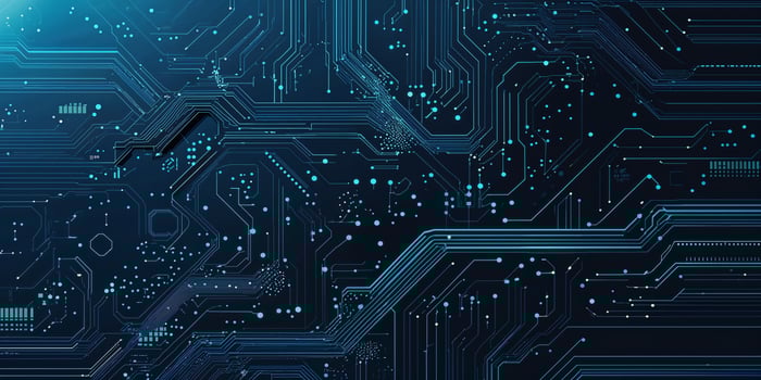 Intricate circuit board design showcasing blue patterns on dark background depicting modern technology in a digital landscape photo