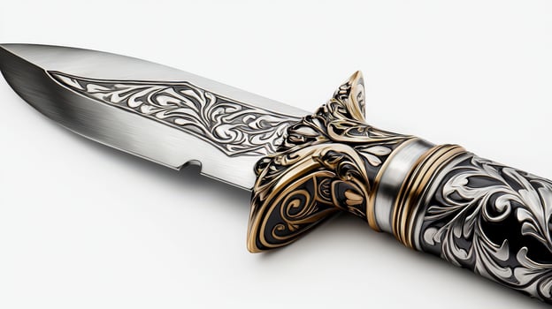 A knife with a silver and gold design photo