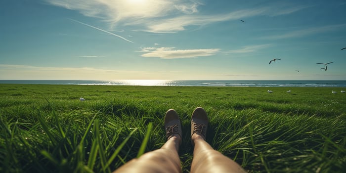 Relaxing by the ocean, enjoying warm sunshine and the gentle breeze near a grassy shoreline at midday photo