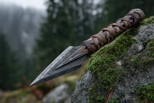Craftsmanship of a braided spear with sharpened obsidian tip in a forest setting photo